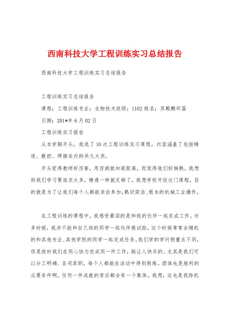 西南科技大学工程训练实习总结报告