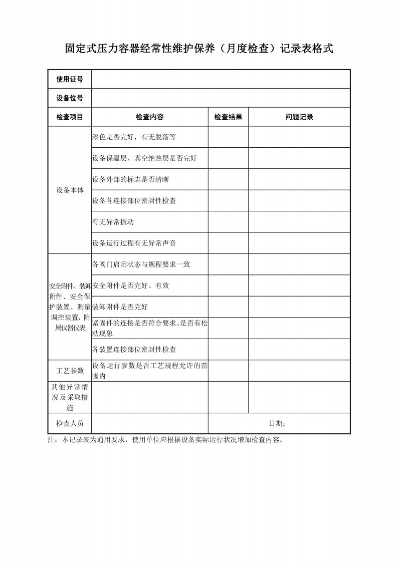 固定式压力容器经常性维护保养（月度检查）记录表格式