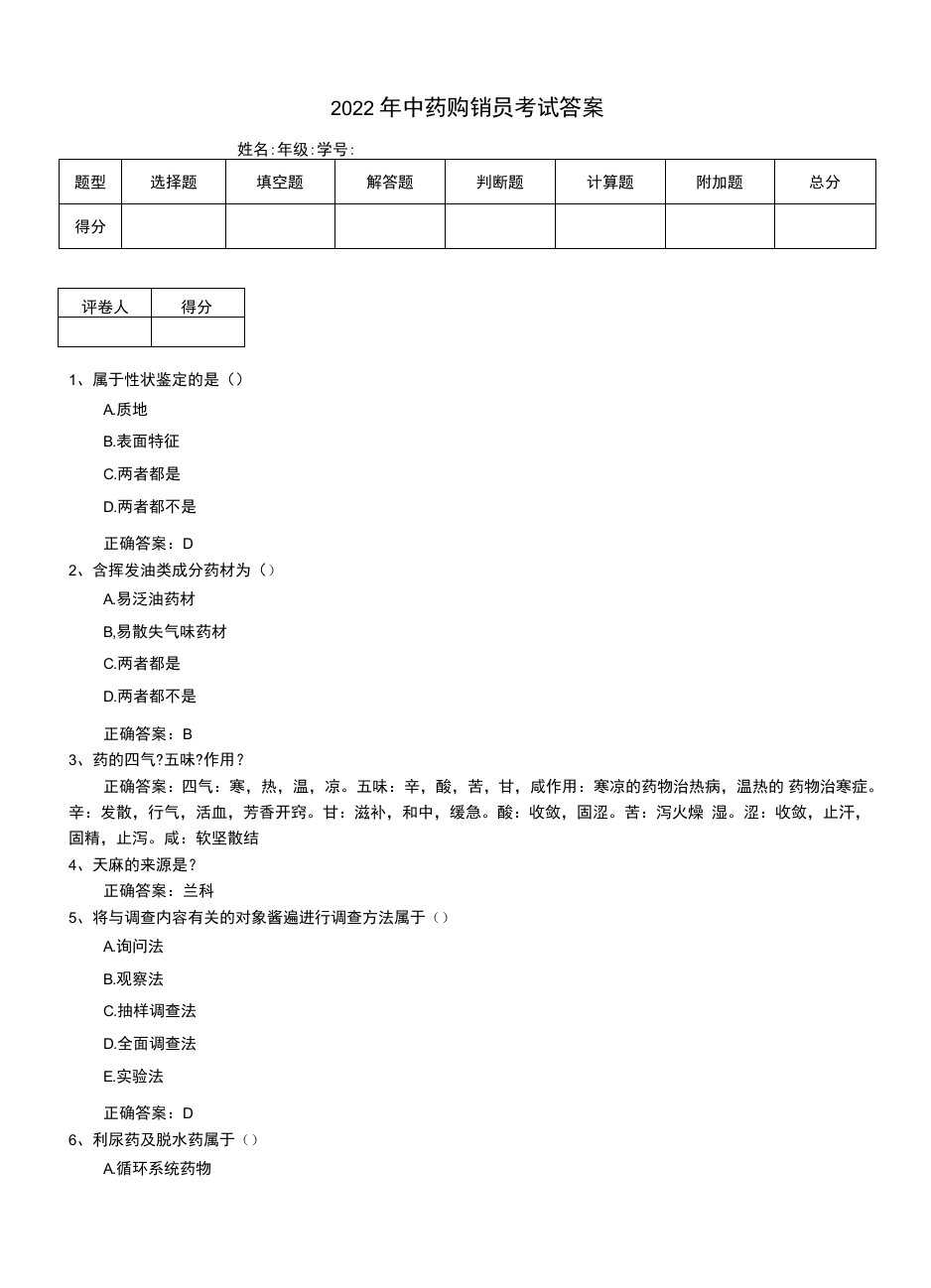 2022年中药购销员考试答案