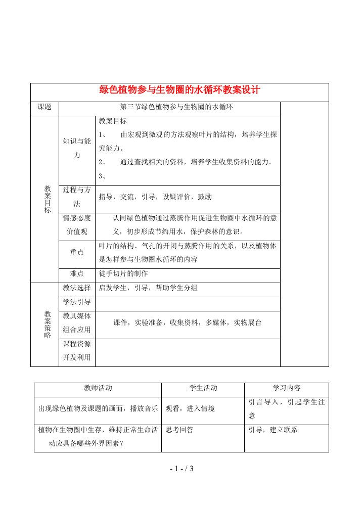 七级生物上册绿色植物参与生物圈的水循环教学设计人教版