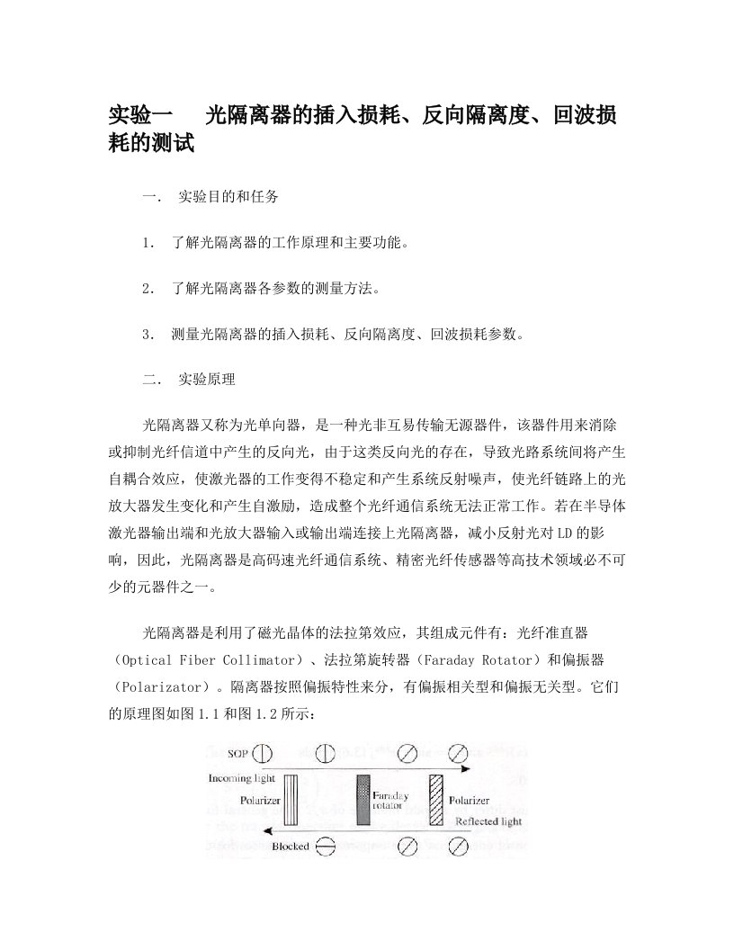 试验一光隔离器的插入损耗反向隔离度回波损耗的测试