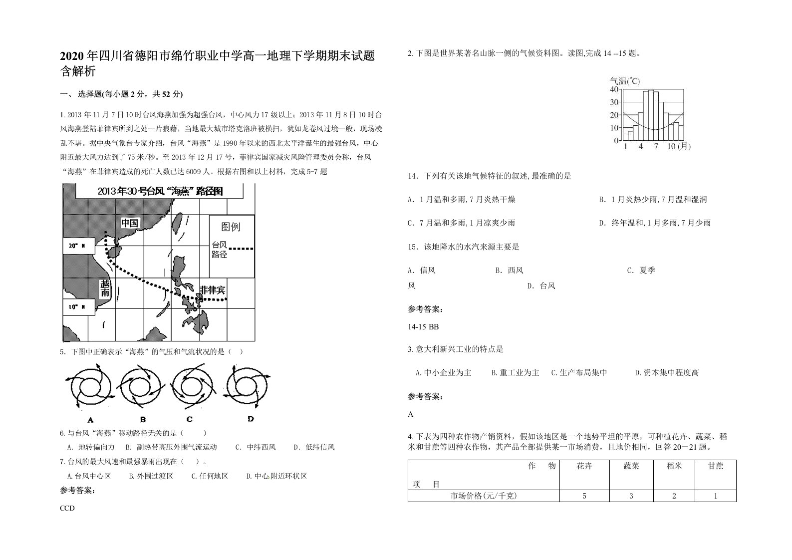 2020年四川省德阳市绵竹职业中学高一地理下学期期末试题含解析