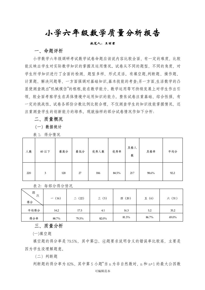 小学六年级数学质量分析报告