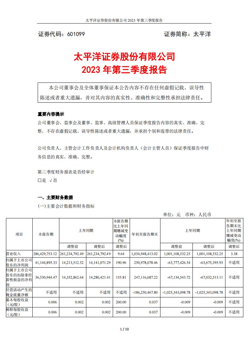 上交所-太平洋证券股份有限公司2023年第三季度报告-20231027