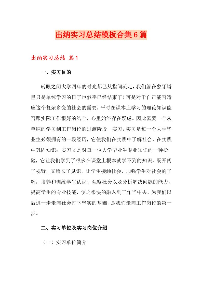 出纳实习总结模板合集6篇