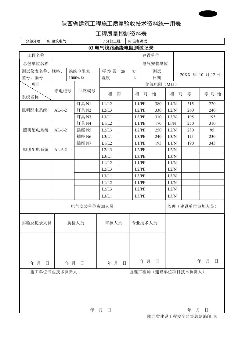 C3020电气线路绝缘电阻测试记录