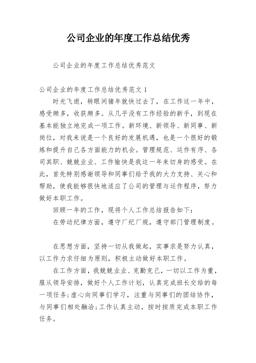 公司企业的年度工作总结优秀