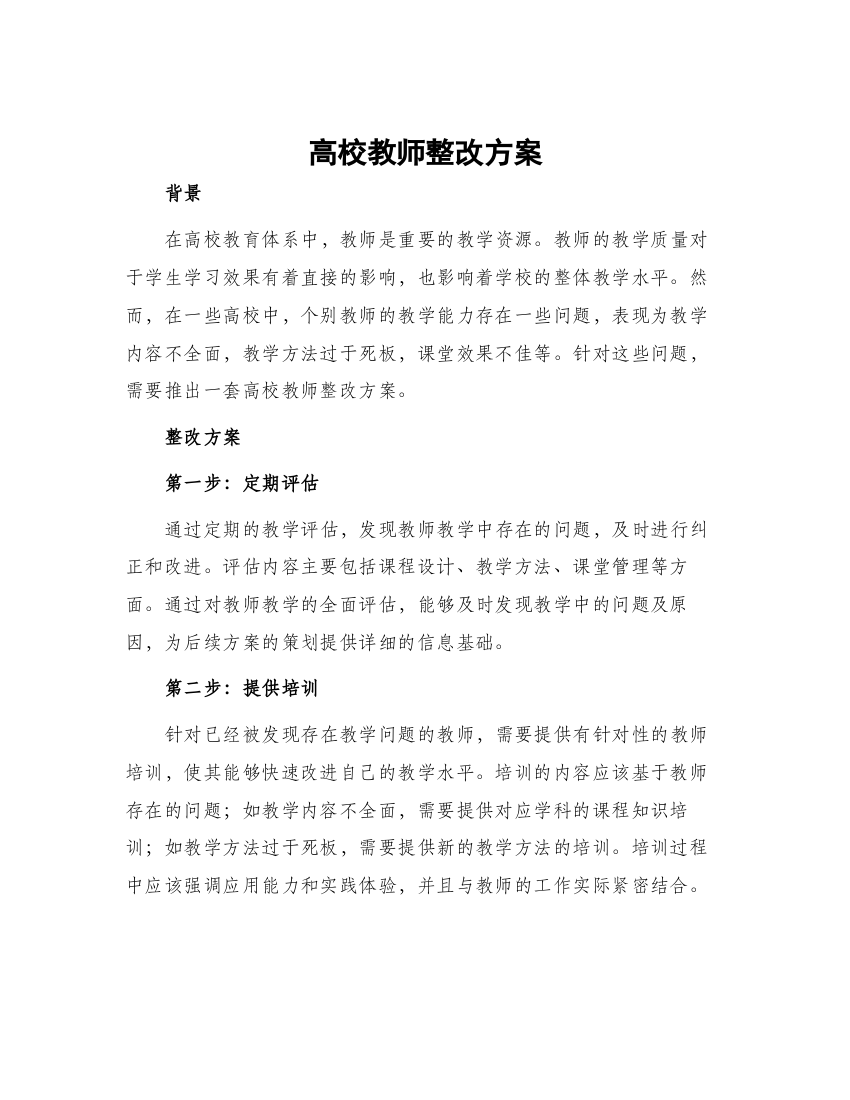 高校教师整改方案