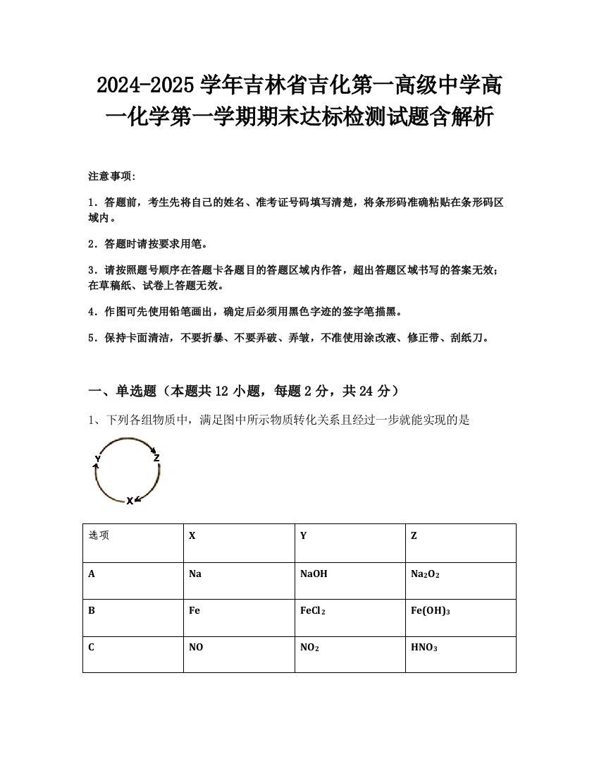 2024-2025学年吉林省吉化第一高级中学高一化学第一学期期末达标检测试题含解析