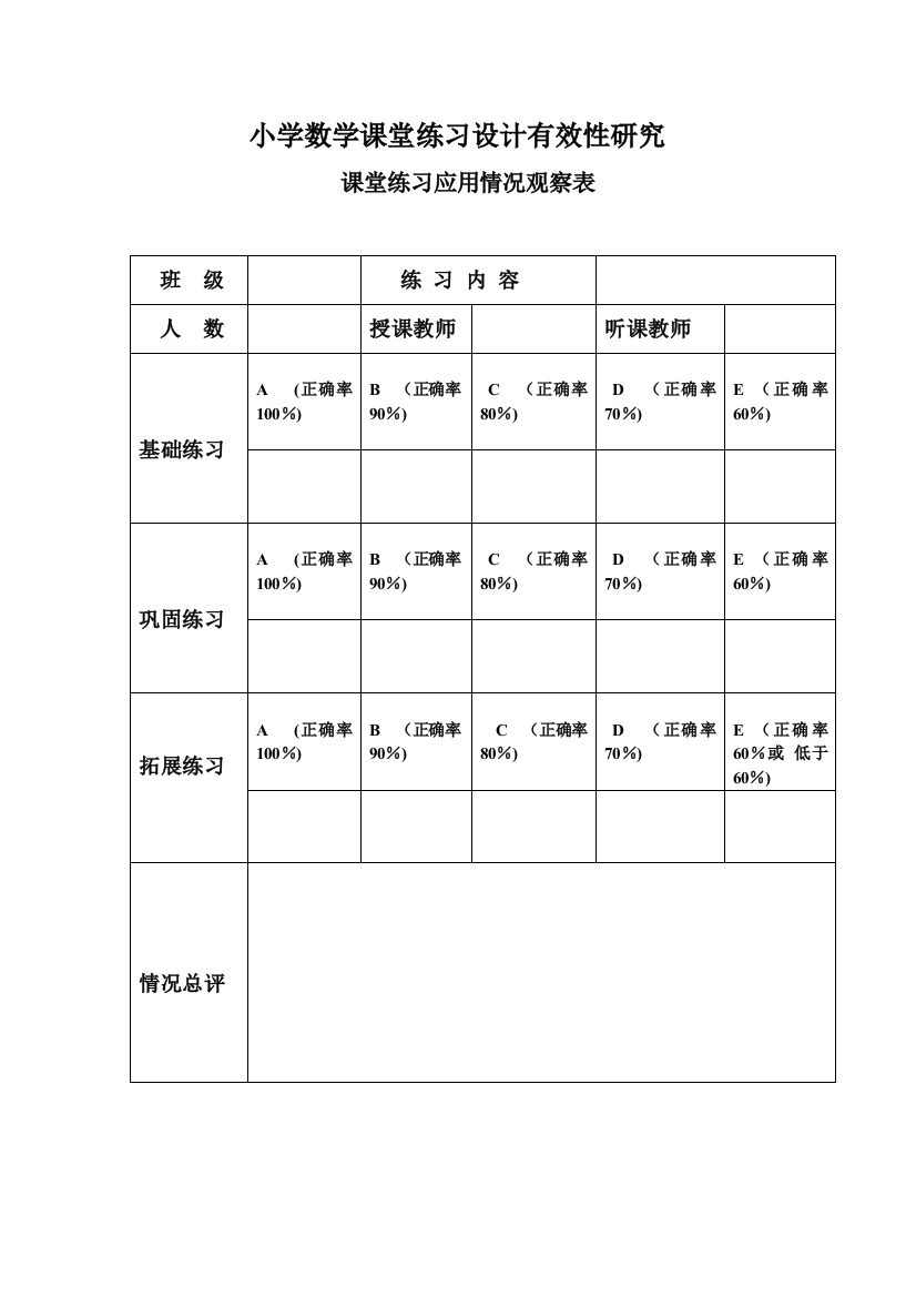 课堂练习应用情况分析表