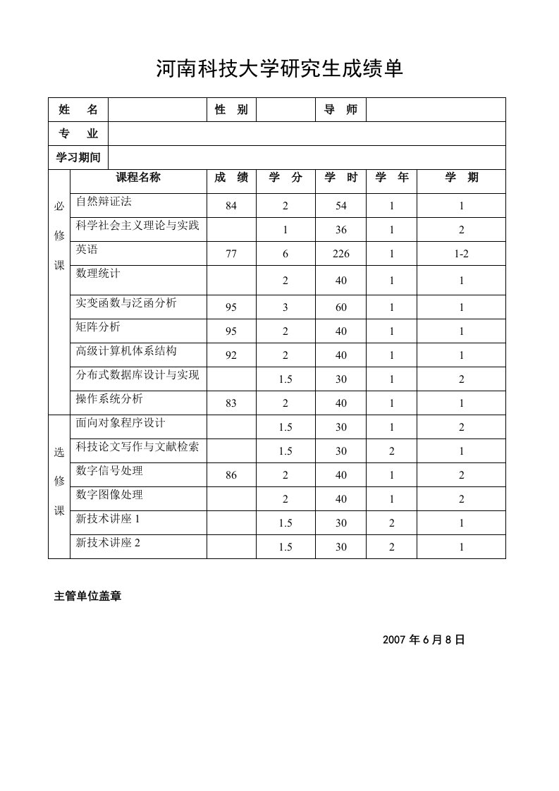 河南科技大学研究生成绩单