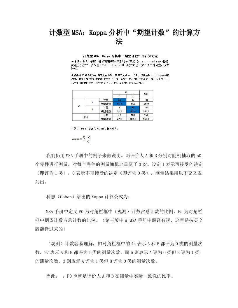 计数型MSA：Kappa分析中“期望计数”的计算方法