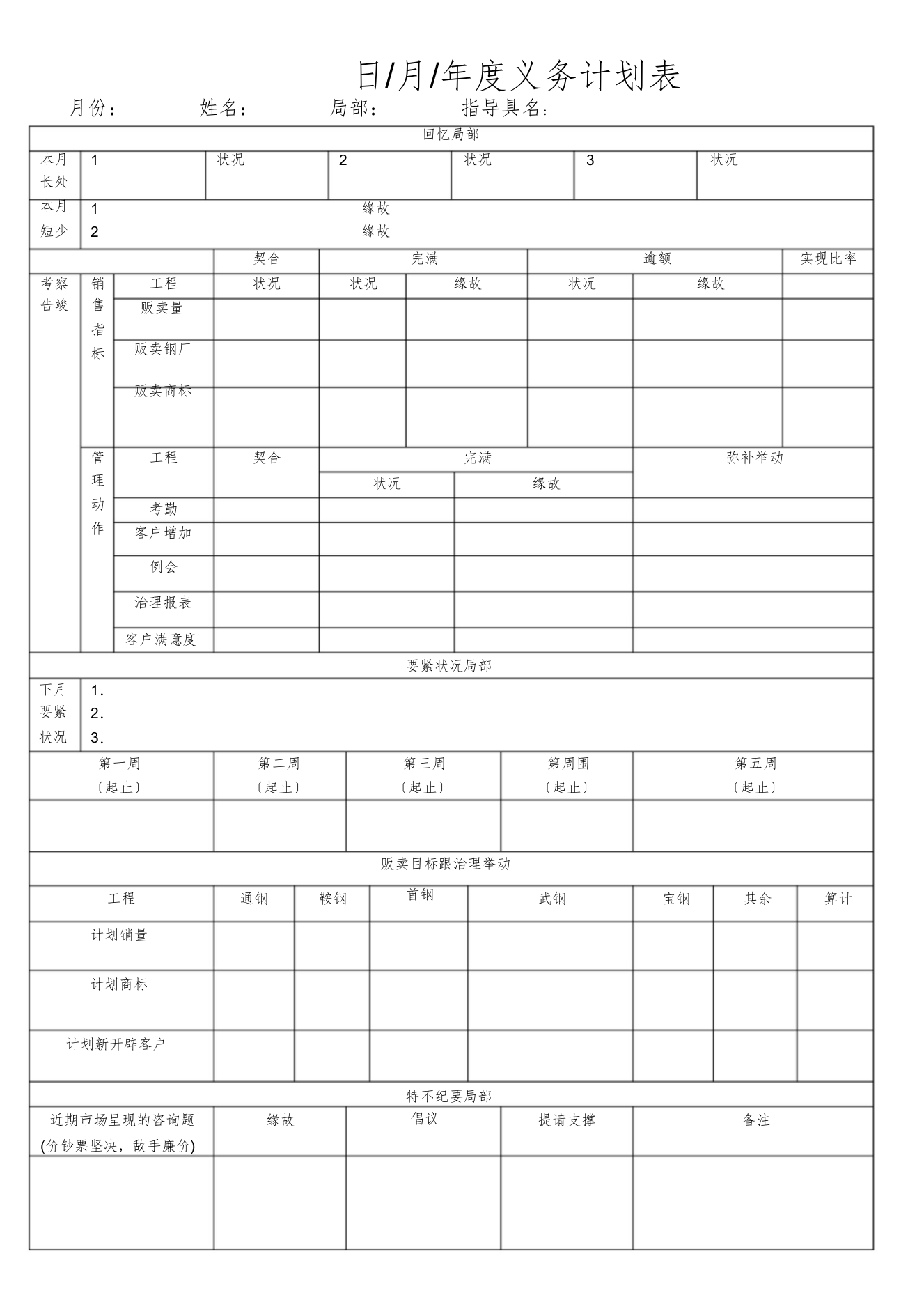 【精编】完整销售月度工作计划表