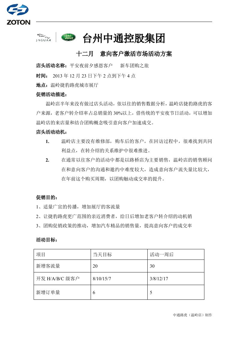 2013年路虎轿车意向客户激活市场销售活动方案DOC-活动策划