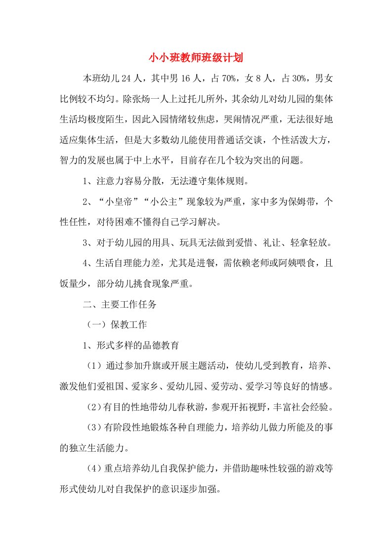 小小班教师班级计划