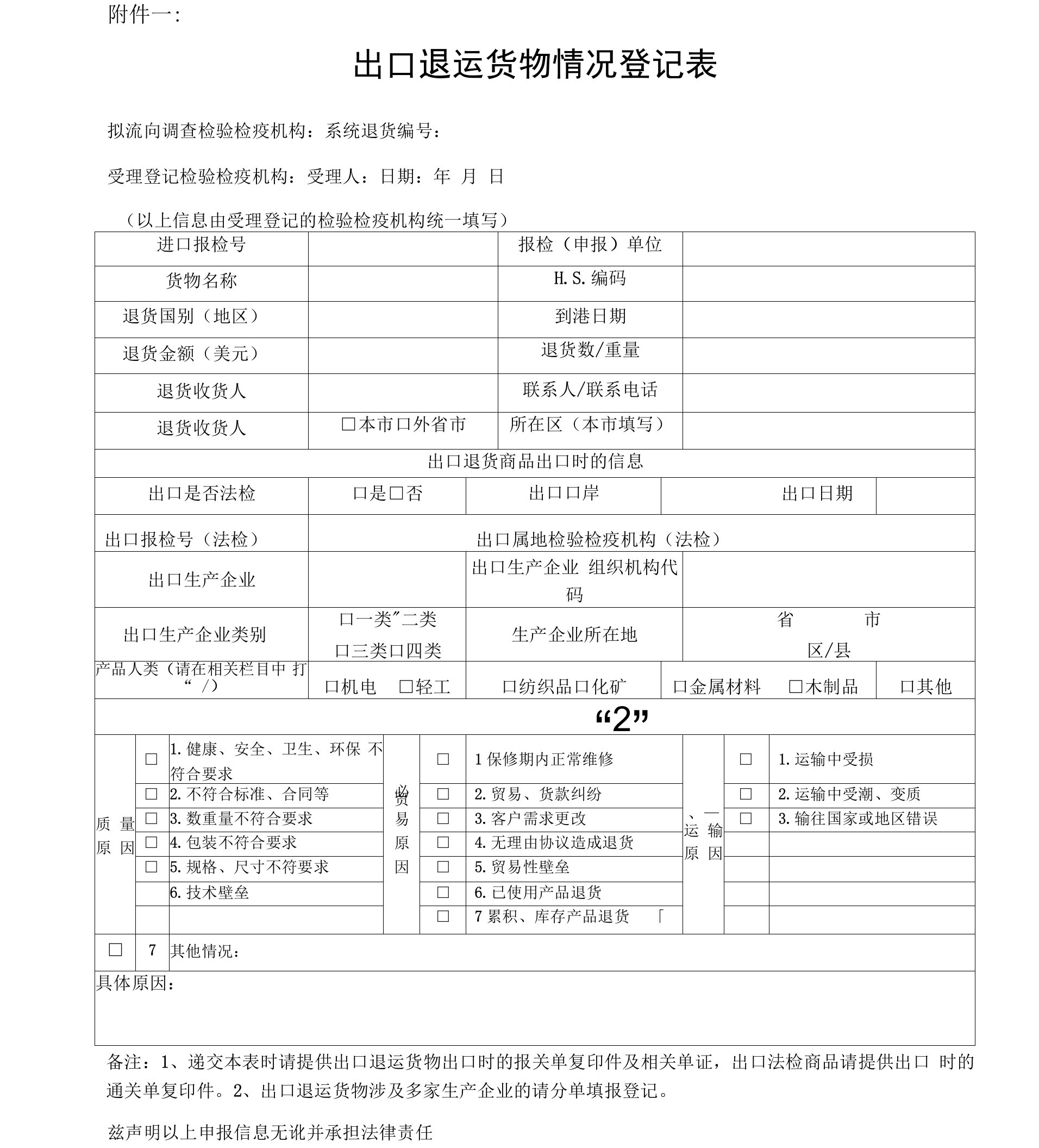 出口退运货物情况登记表