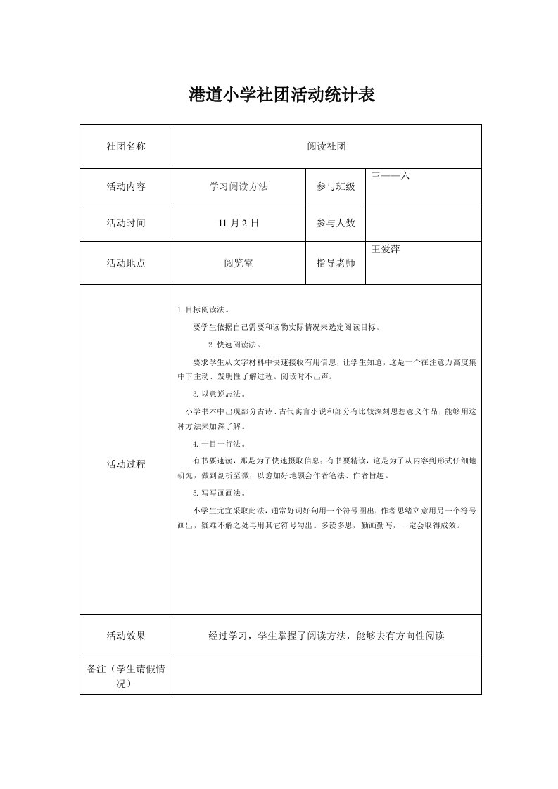 社团活动记录表样稿