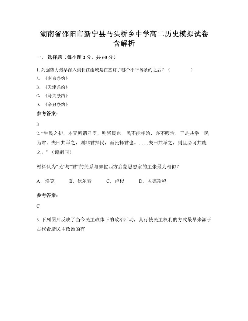 湖南省邵阳市新宁县马头桥乡中学高二历史模拟试卷含解析