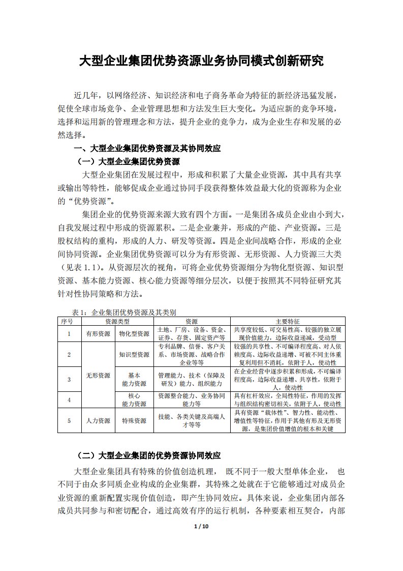 大型企业集团优势资源业务协同模式创新研究-用于交流