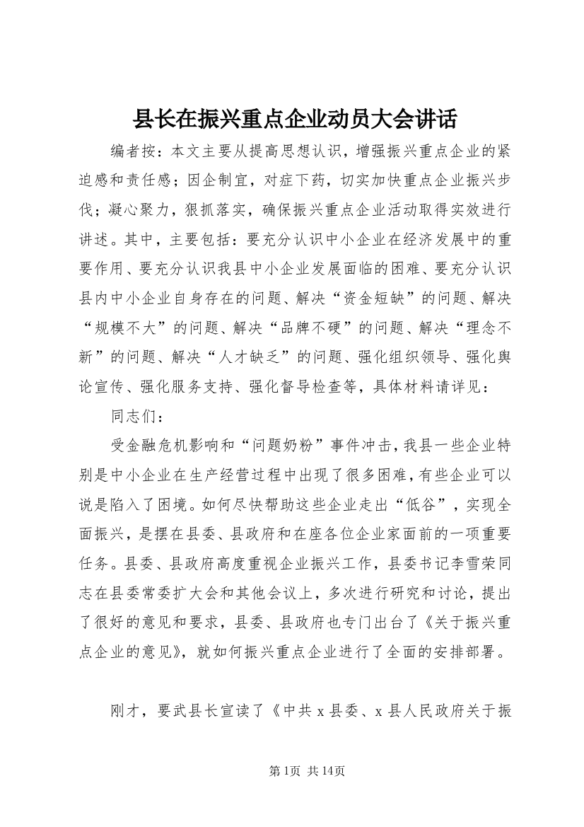 县长在振兴重点企业动员大会讲话