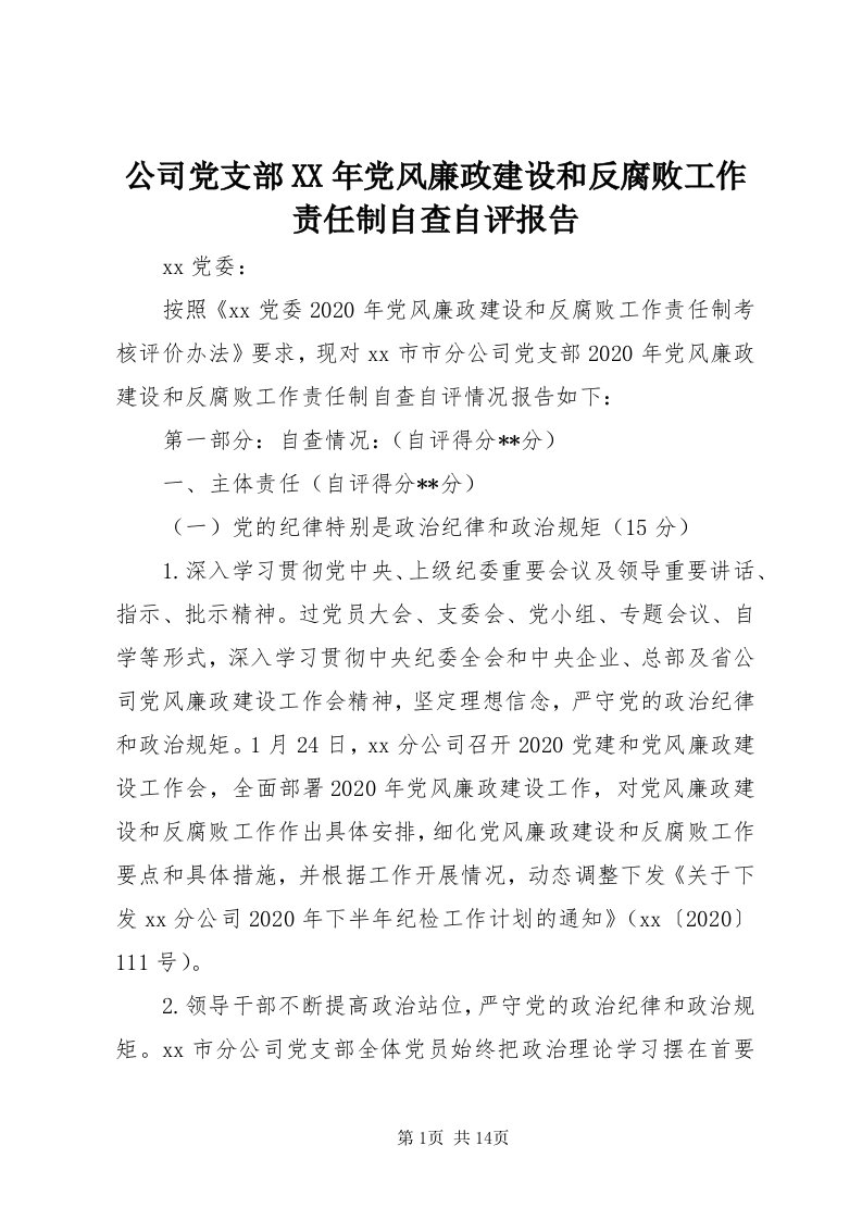 公司党支部某年党风廉政建设和反腐败工作责任制自查自评报告