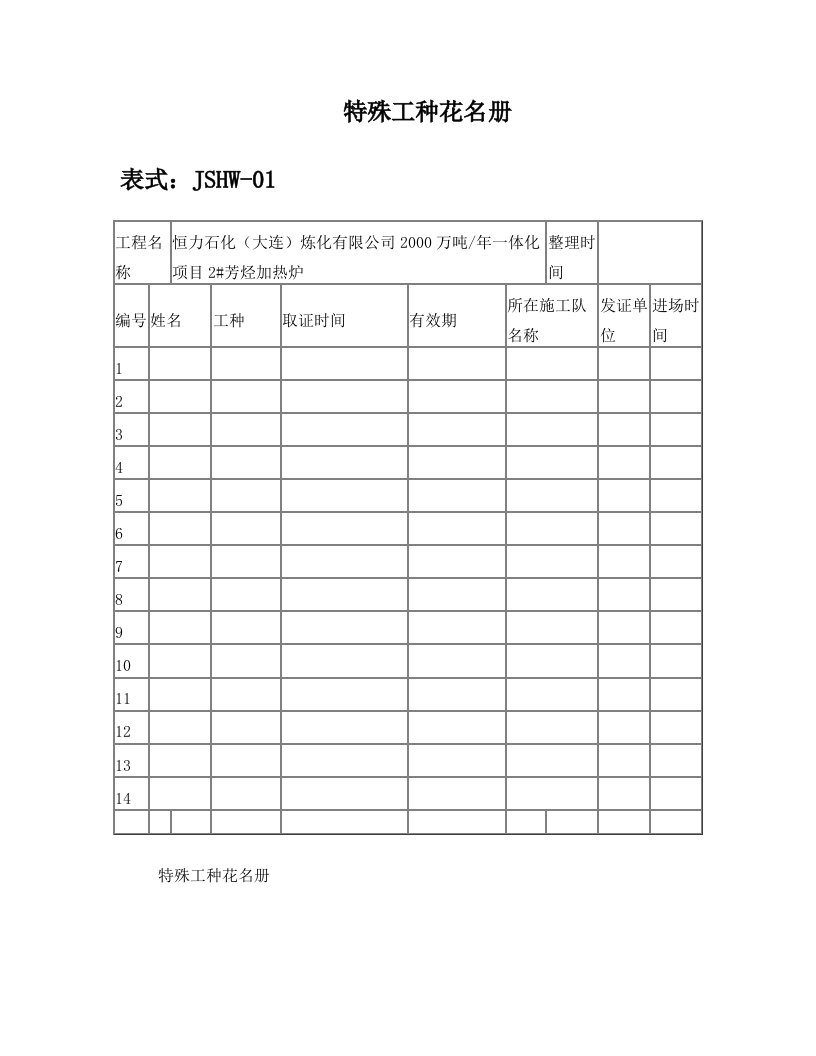 特殊工种登记表及花名册