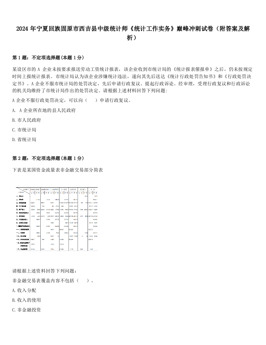 2024年宁夏回族固原市西吉县中级统计师《统计工作实务》巅峰冲刺试卷（附答案及解析）