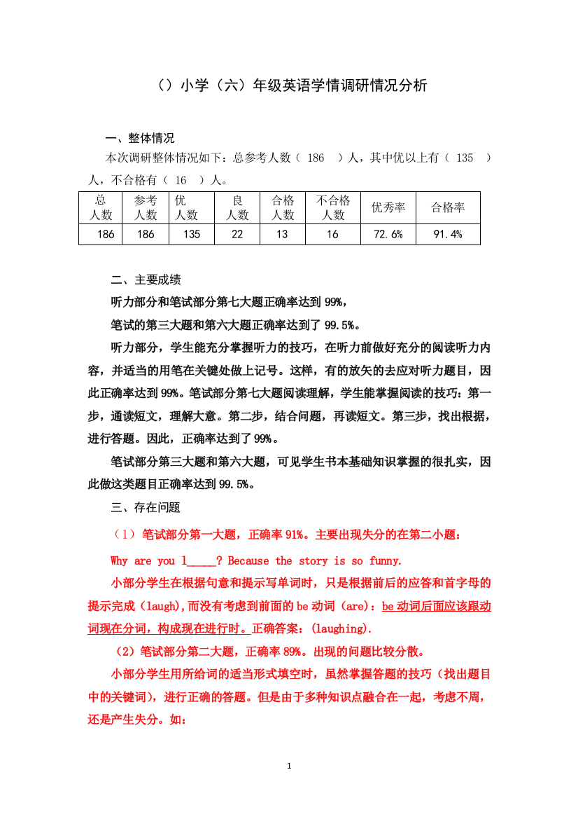 小学英语六年级质量分析报告