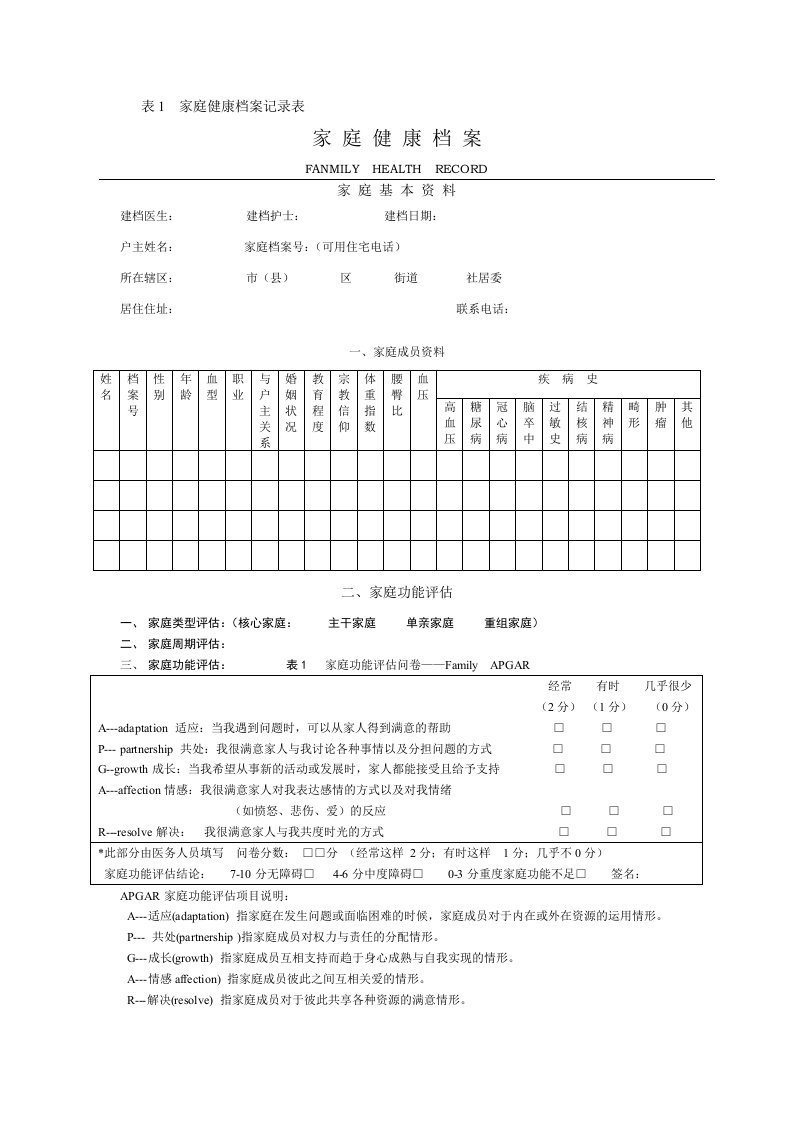 表家庭健康档案记录表