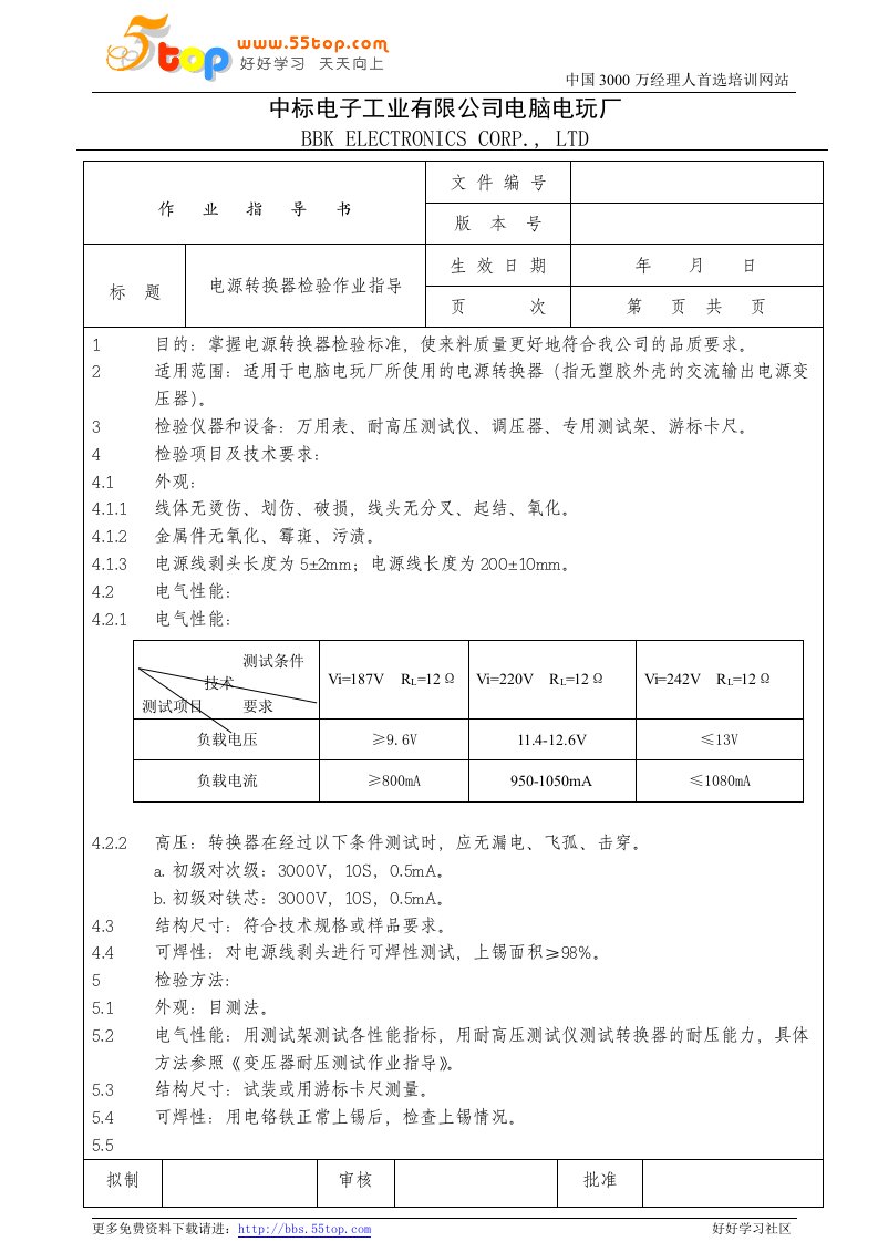 电脑电玩厂检验作业指导书-电感线圈、电源线、电源转换器、调制器输入线(4个文件)电子行业检验作业指导书(电源转换器)0-作业指导