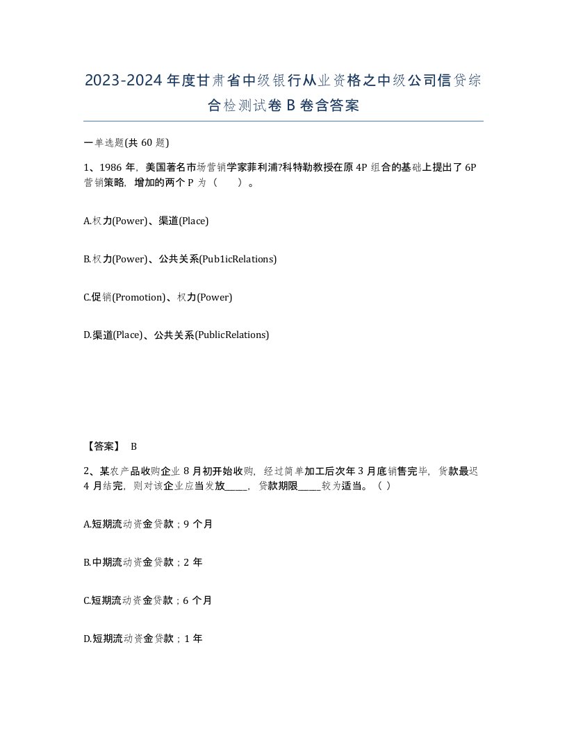 2023-2024年度甘肃省中级银行从业资格之中级公司信贷综合检测试卷B卷含答案