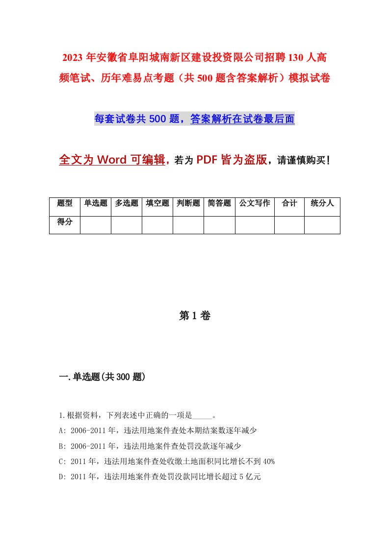 2023年安徽省阜阳城南新区建设投资限公司招聘130人高频笔试历年难易点考题共500题含答案解析模拟试卷