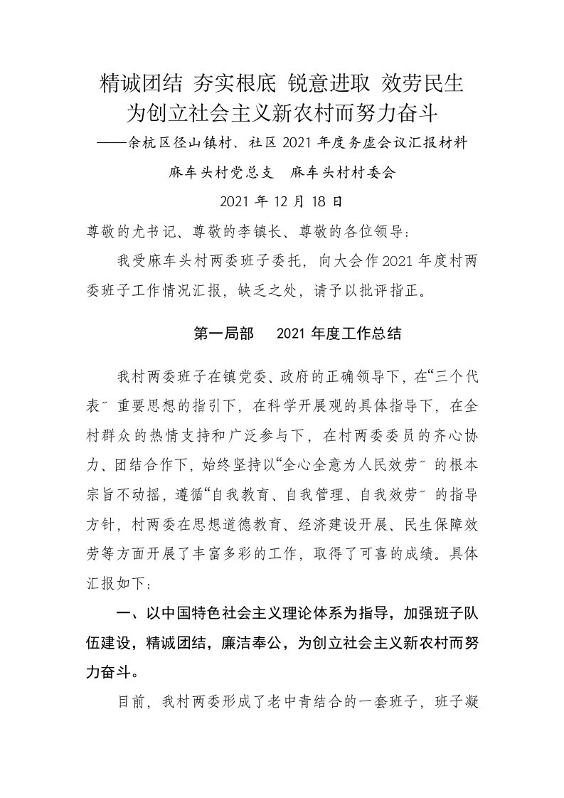 某村社区年度务虚会议汇报材料-度工作总结