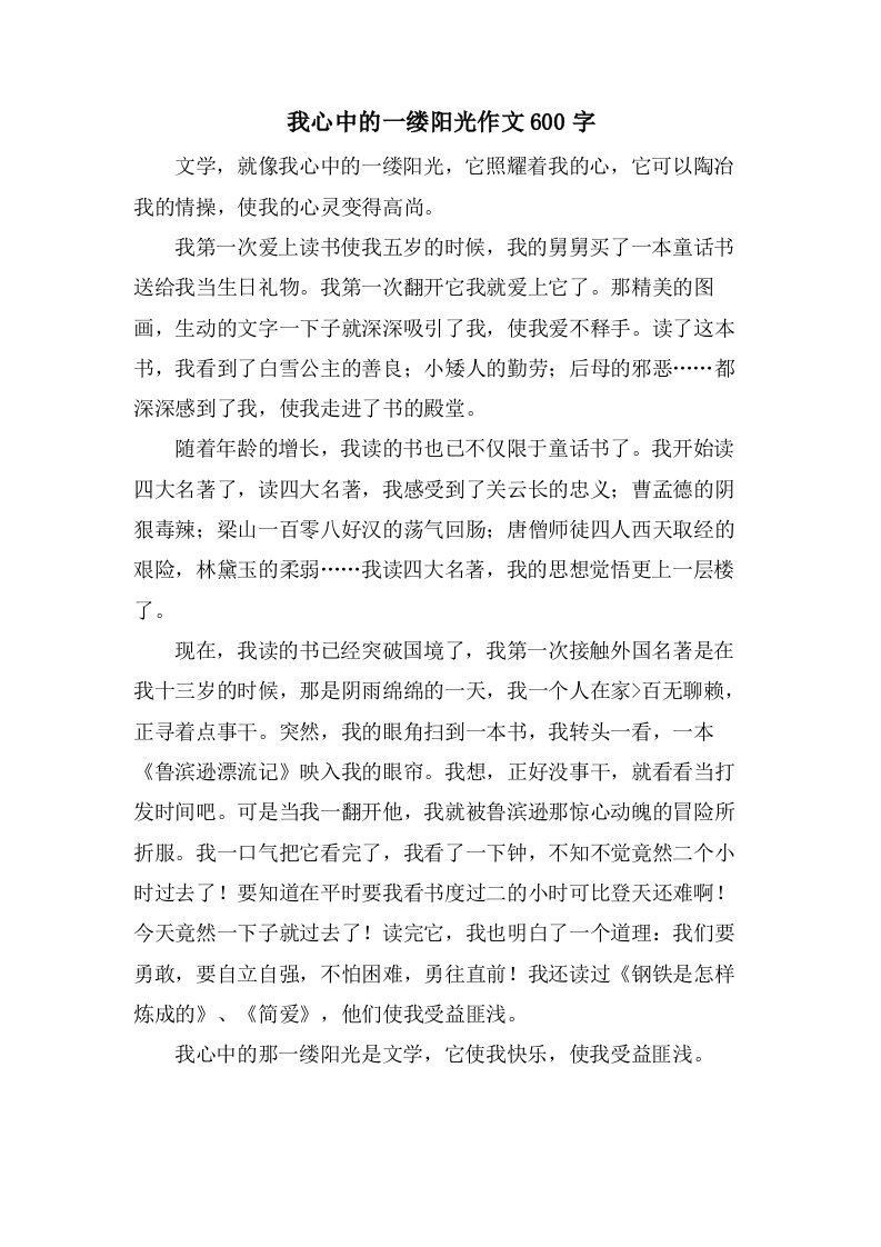 我心中的一缕阳光作文600字