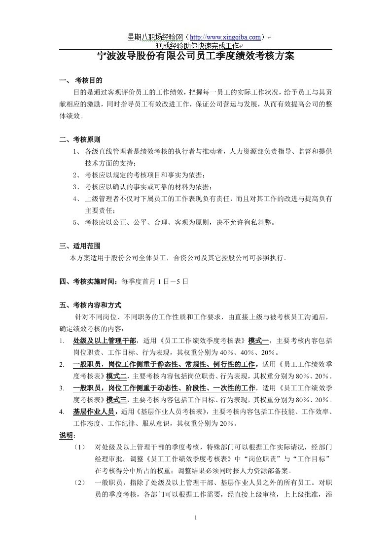 波导股公司季度绩效考核方案