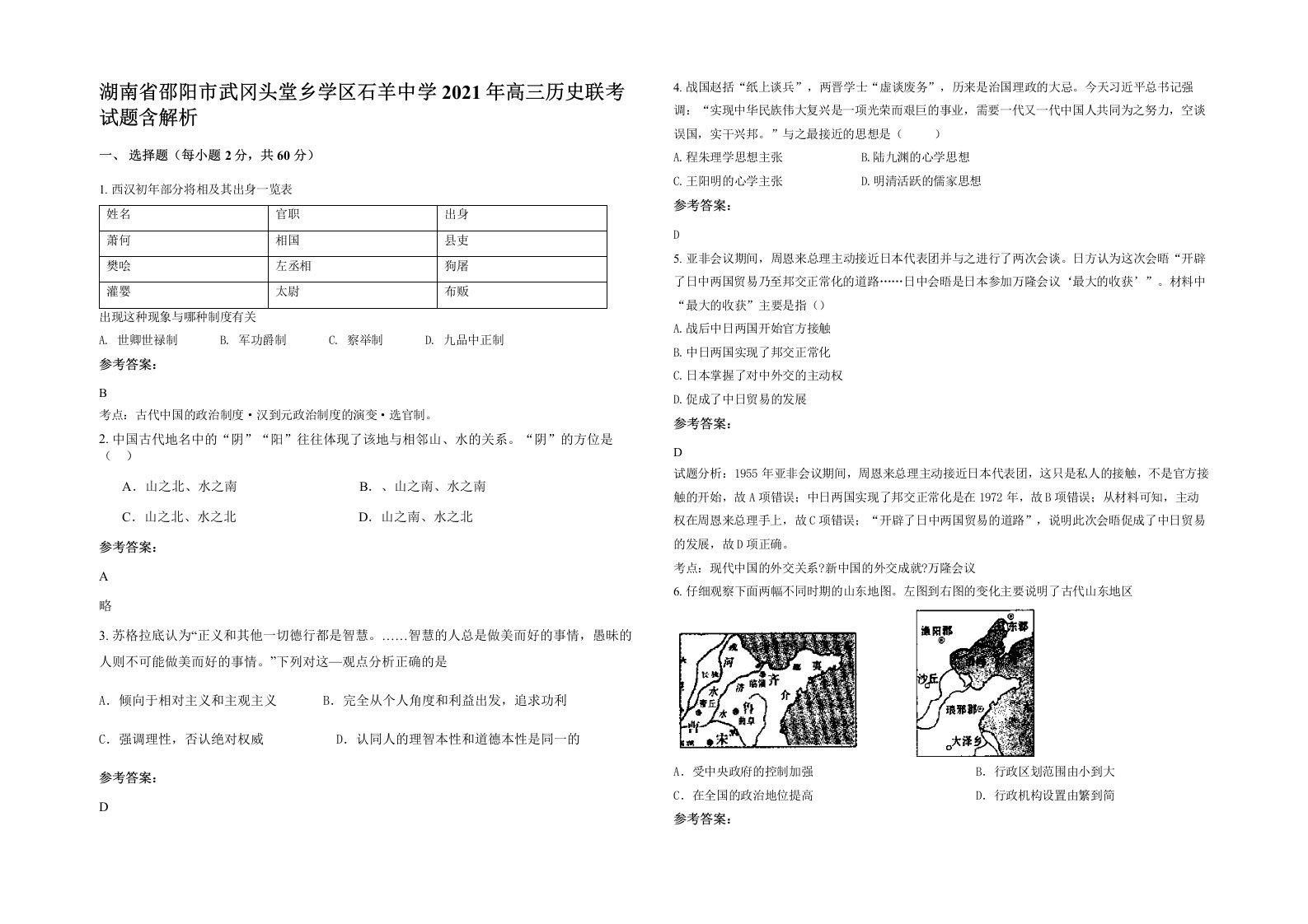 湖南省邵阳市武冈头堂乡学区石羊中学2021年高三历史联考试题含解析