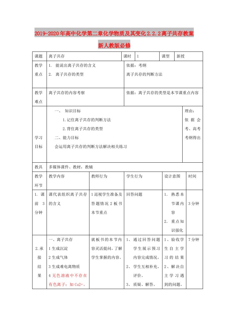 2019-2020年高中化学第二章化学物质及其变化2.2.2离子共存教案新人教版必修