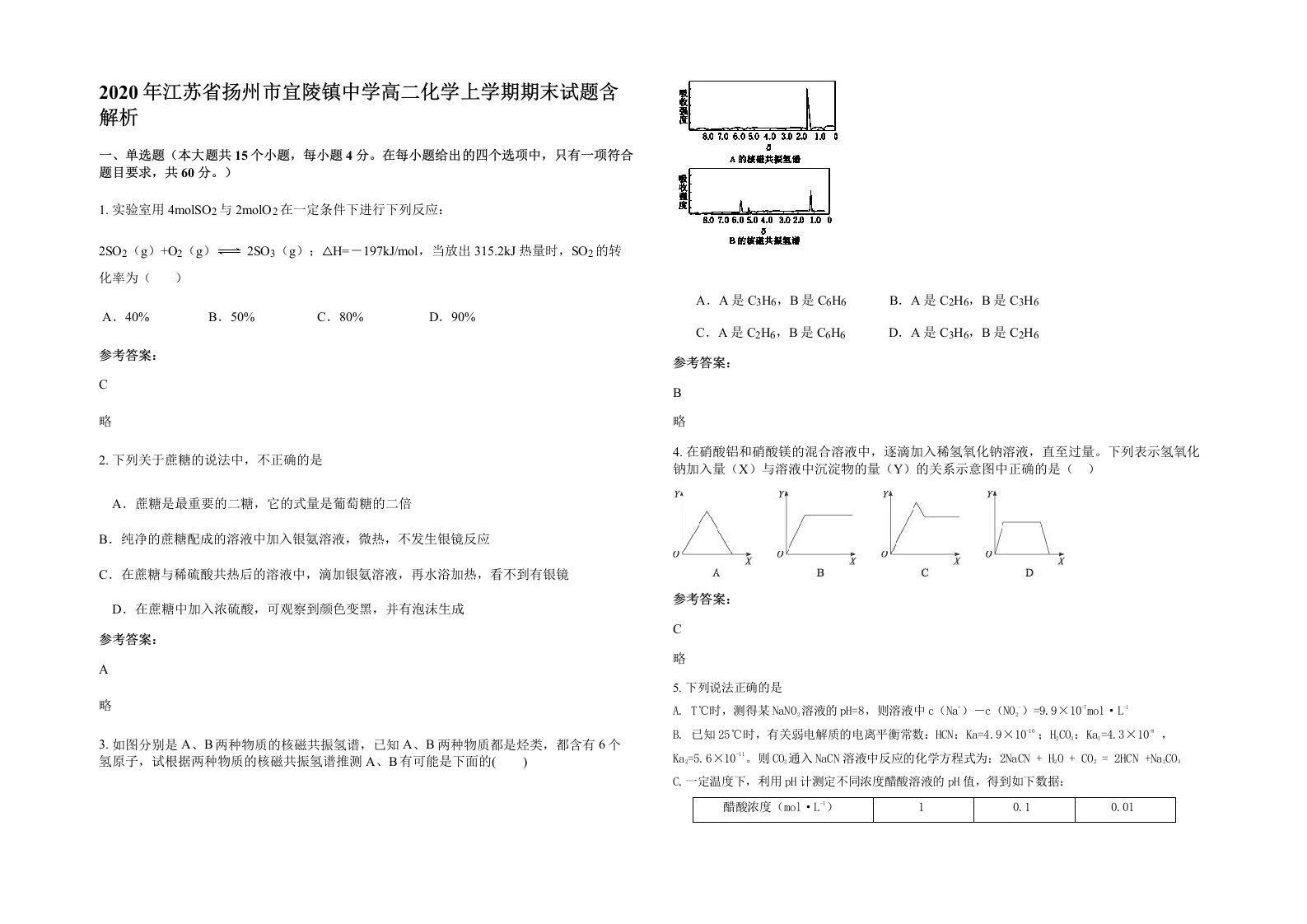 2020年江苏省扬州市宜陵镇中学高二化学上学期期末试题含解析