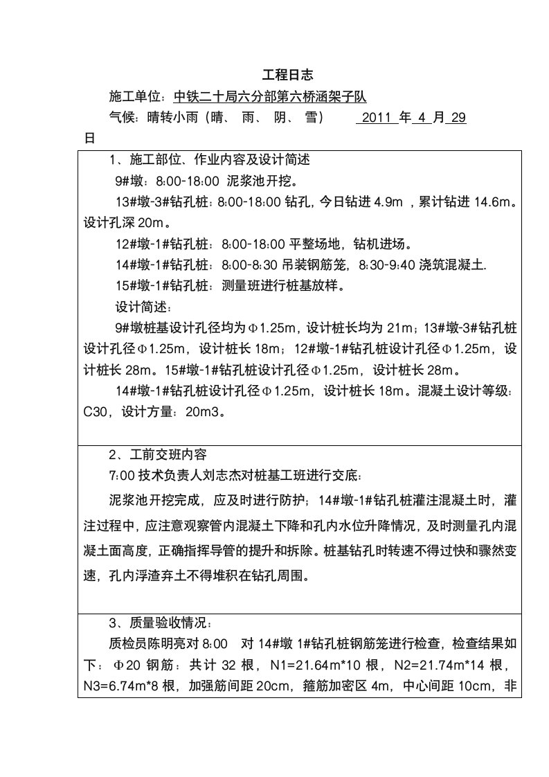 施工日志填写样本