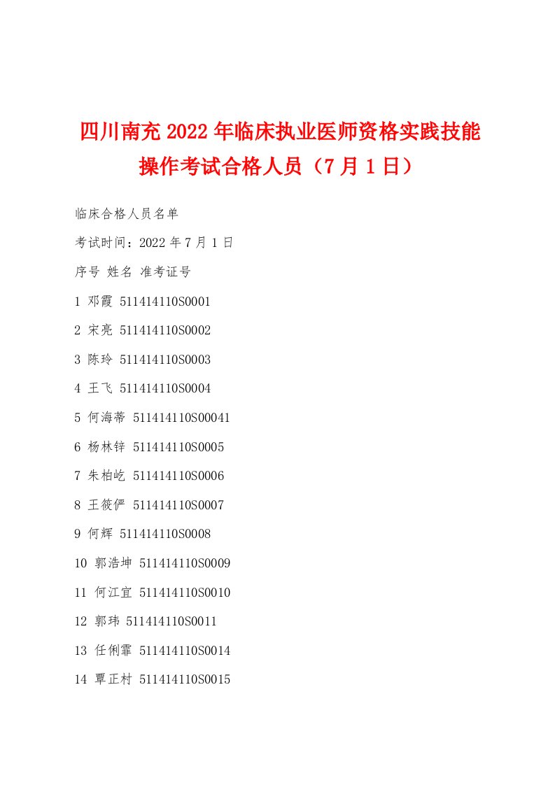 四川南充2022年临床执业医师资格实践技能操作考试合格人员（7月1日）