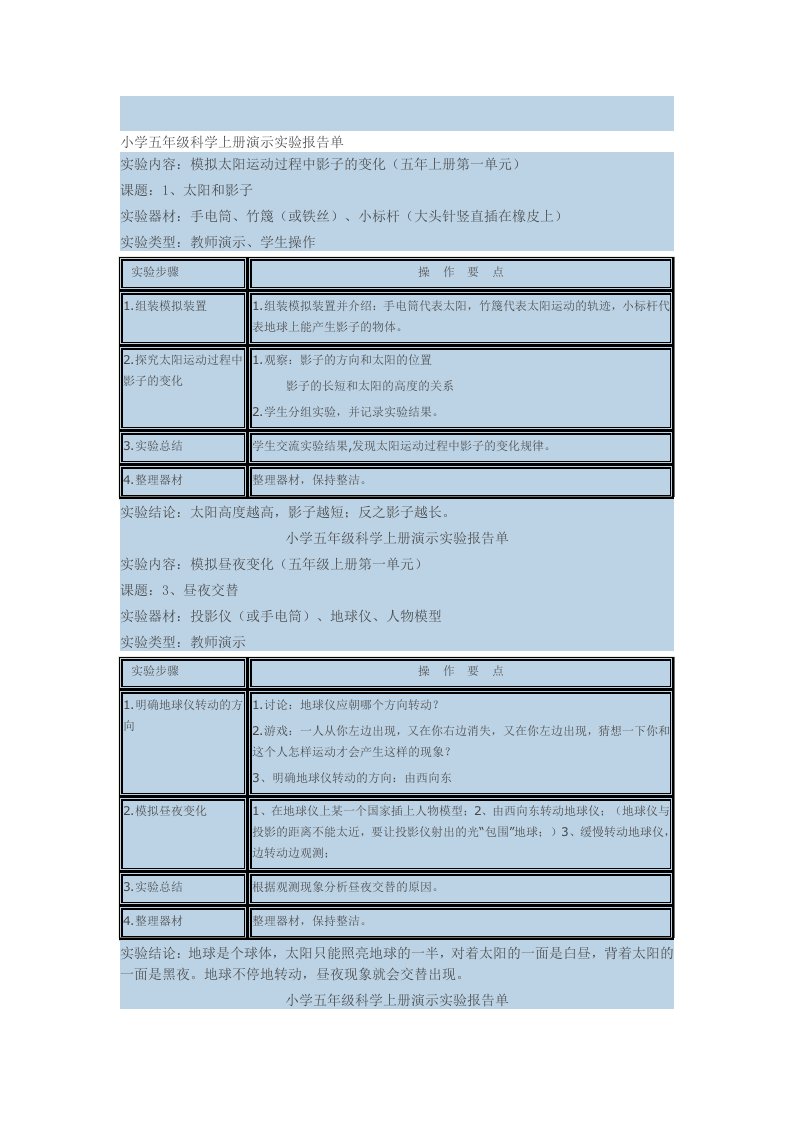 小学五年级上册科学实验报告单