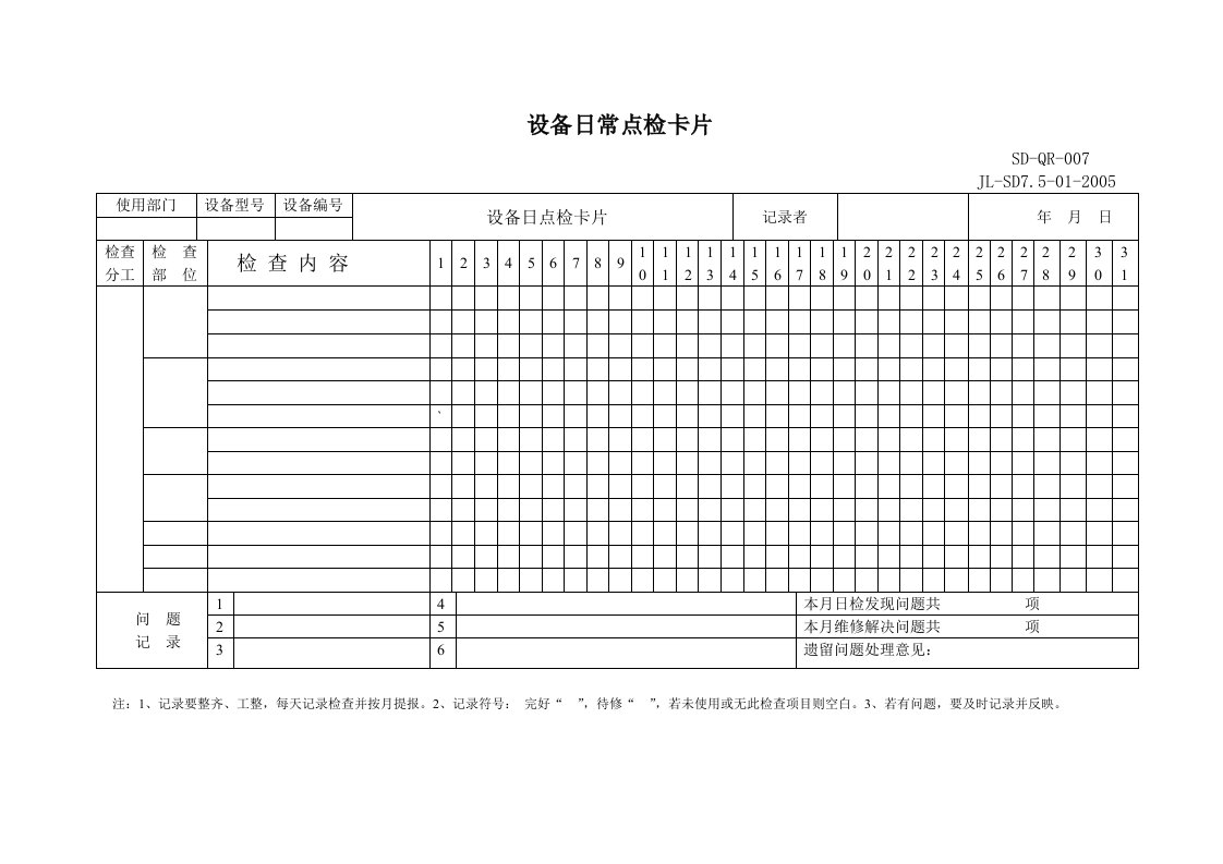 设备日常点检卡片