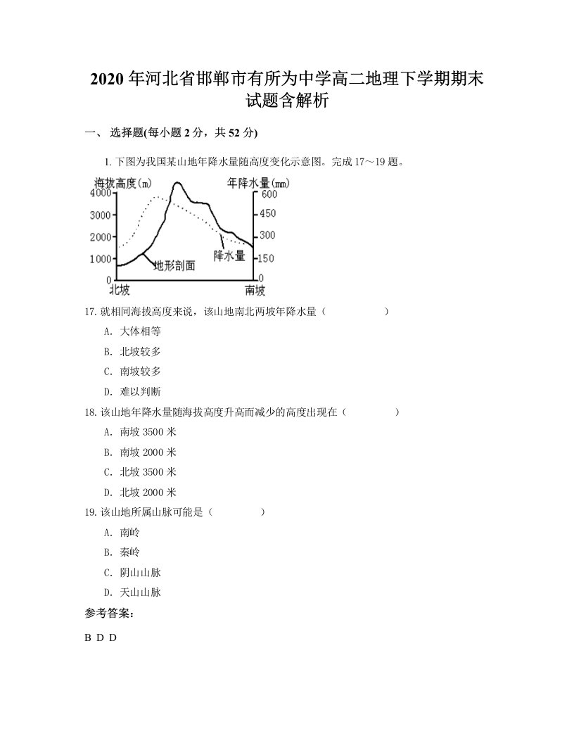 2020年河北省邯郸市有所为中学高二地理下学期期末试题含解析