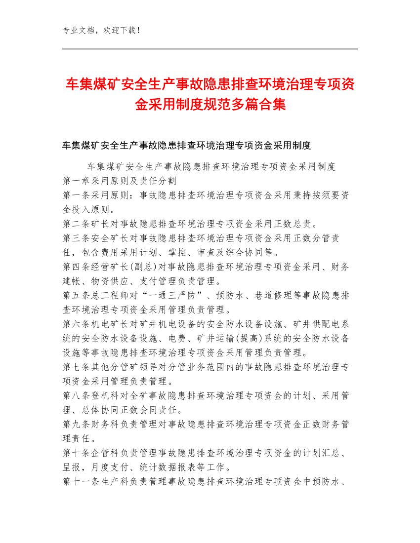 车集煤矿安全生产事故隐患排查环境治理专项资金采用制度规范多篇合集