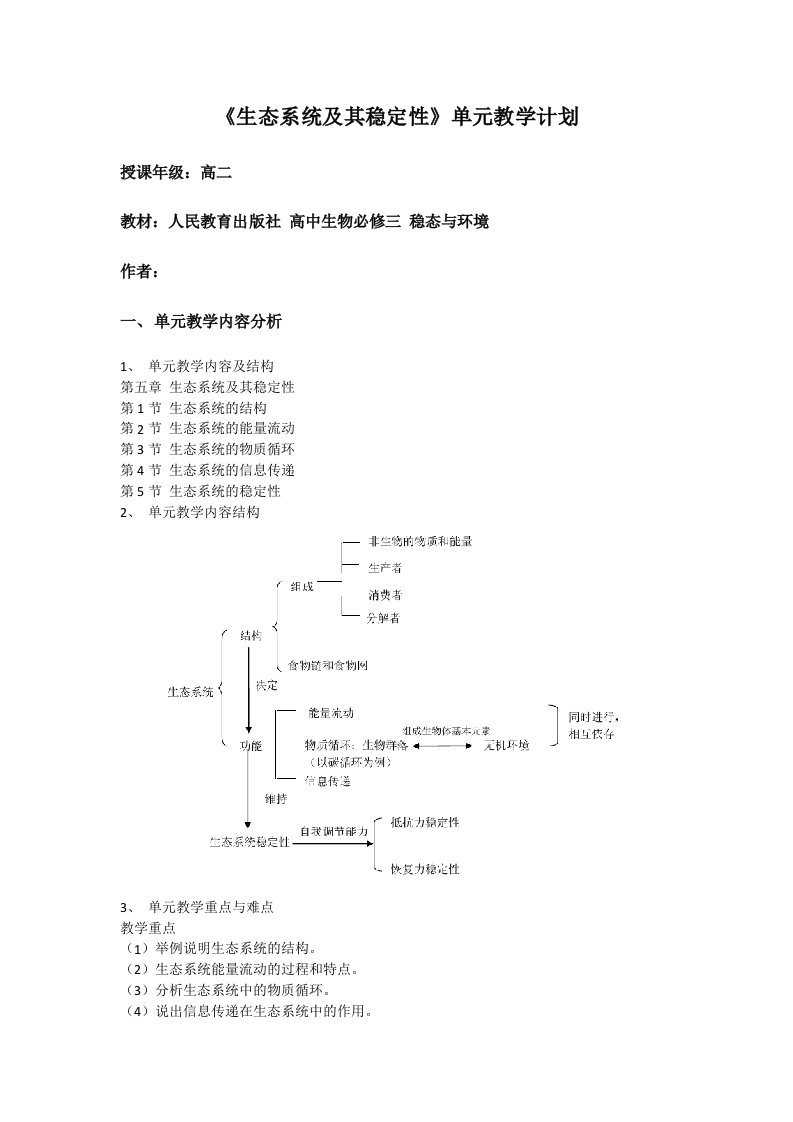 《生态系统及其稳定性》单元教学计划