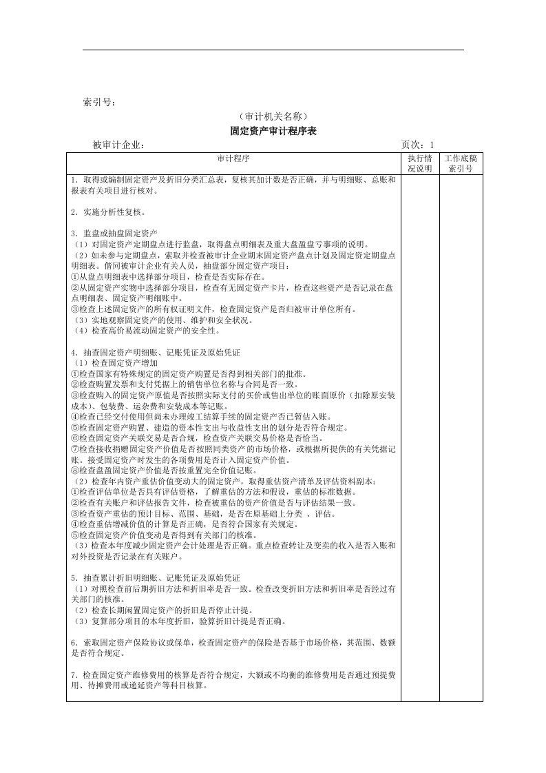 【管理精品】固定资产审计程序表