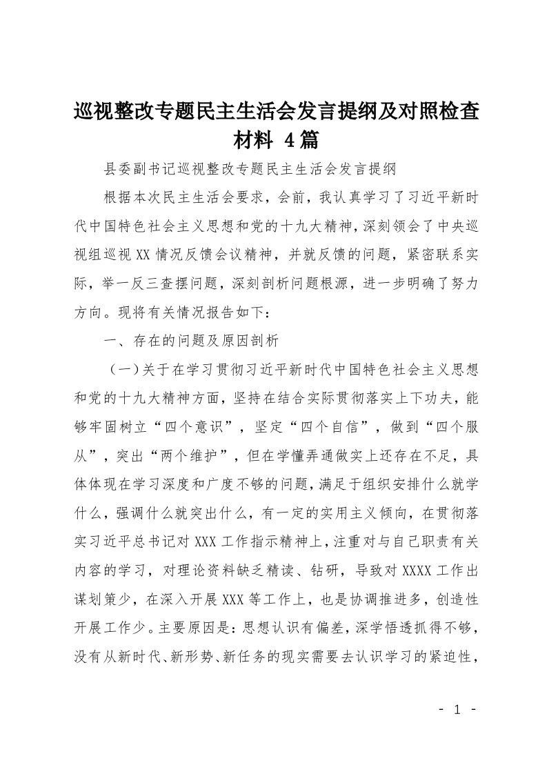 巡视整改专题民主生活会发言提纲及对照检查材料4篇