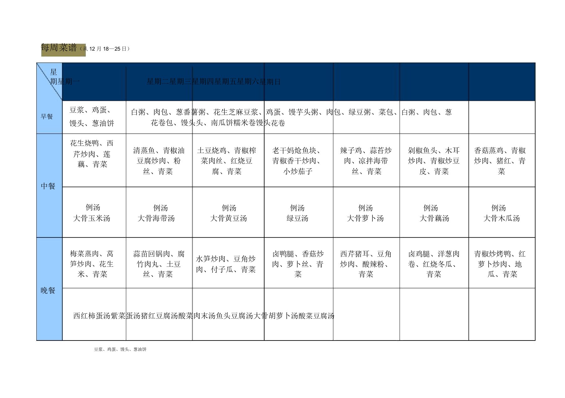 食堂菜谱表格模版