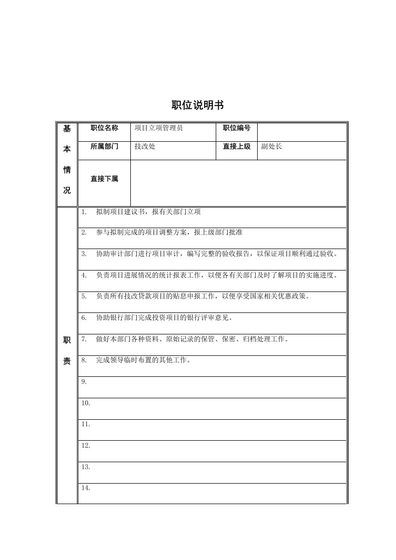 技改处项目立项管理员岗位职责