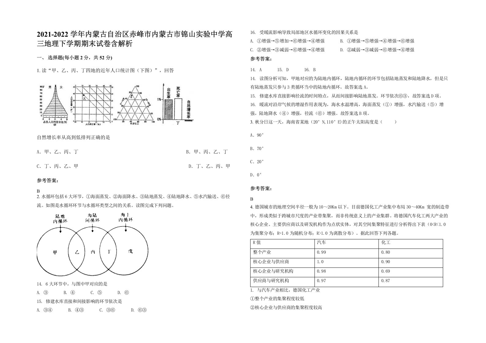 2021-2022学年内蒙古自治区赤峰市内蒙古市锦山实验中学高三地理下学期期末试卷含解析